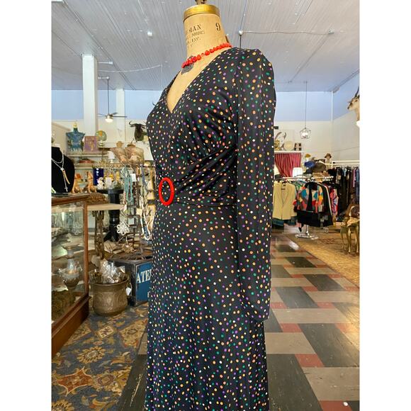 1970s maxi dress, rainbow polka dots, betty lou, 70s does 30s, 1930s style dress - Picture 7 of 10